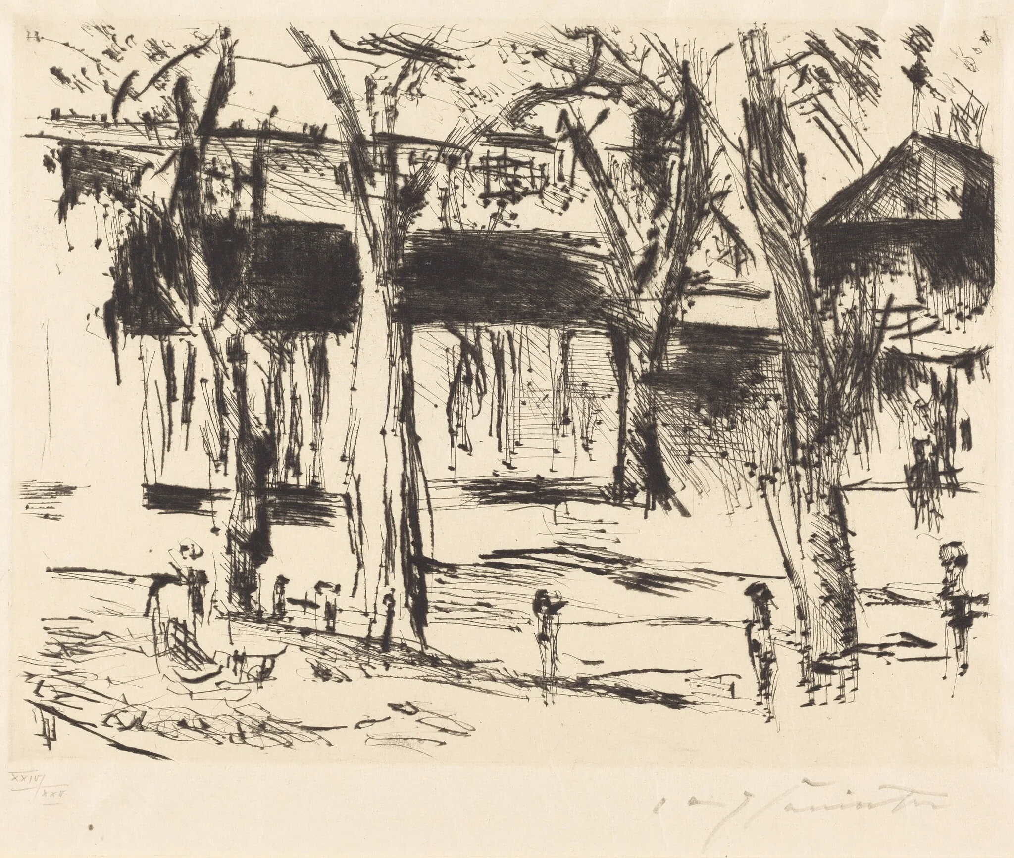Bahnhof Tiergarten (Court with Trees), by Lovis Corinth, ink, 1920
