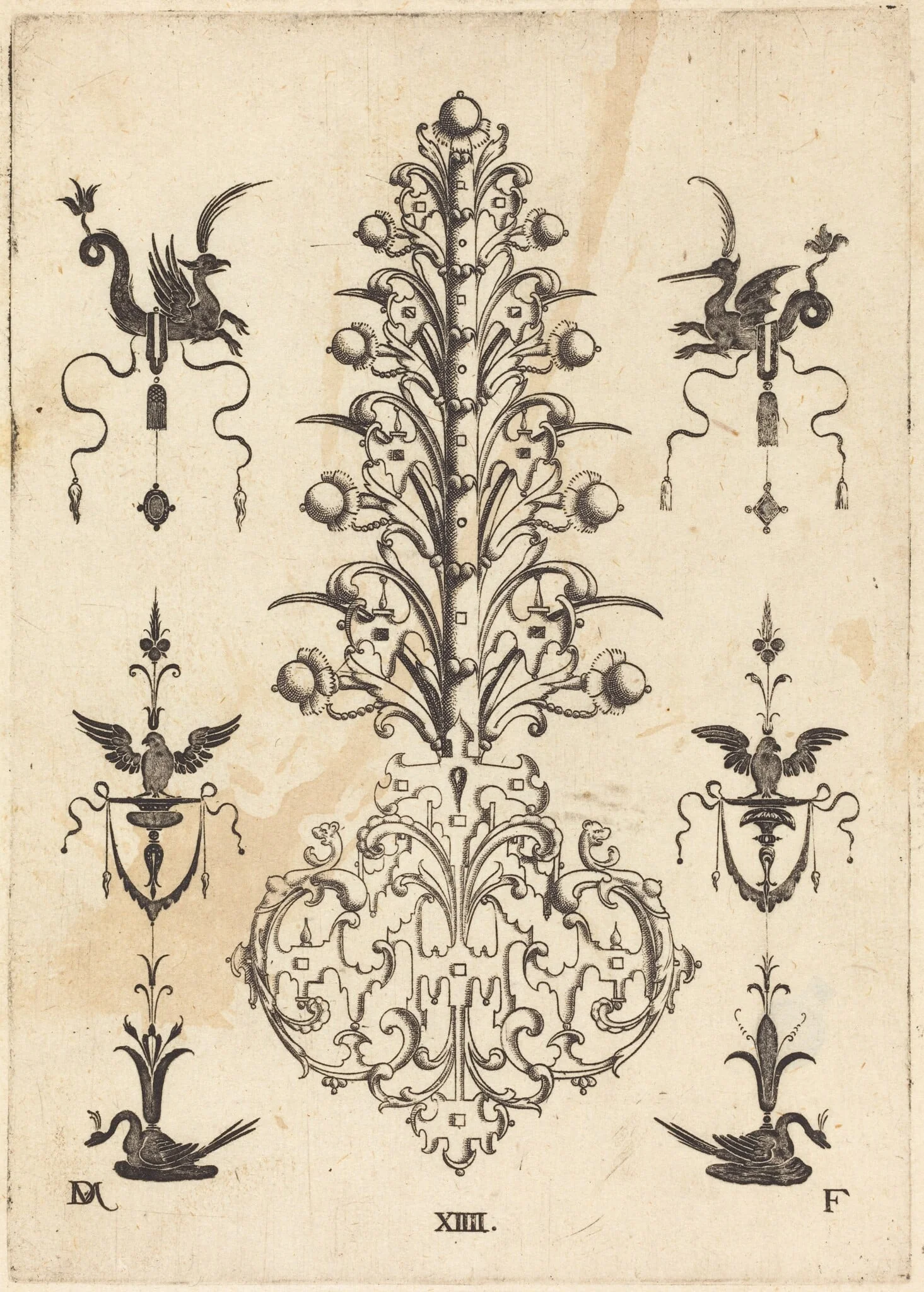 Hyacinth-Shaped Brooch with Winged Animals  at Top and Crouching Swans at Bottom, by Daniel Mignot, ink, 1596
