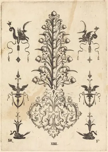 Hyacinth-Shaped Brooch with Winged Animals  at Top and Crouching Swans at Bottom