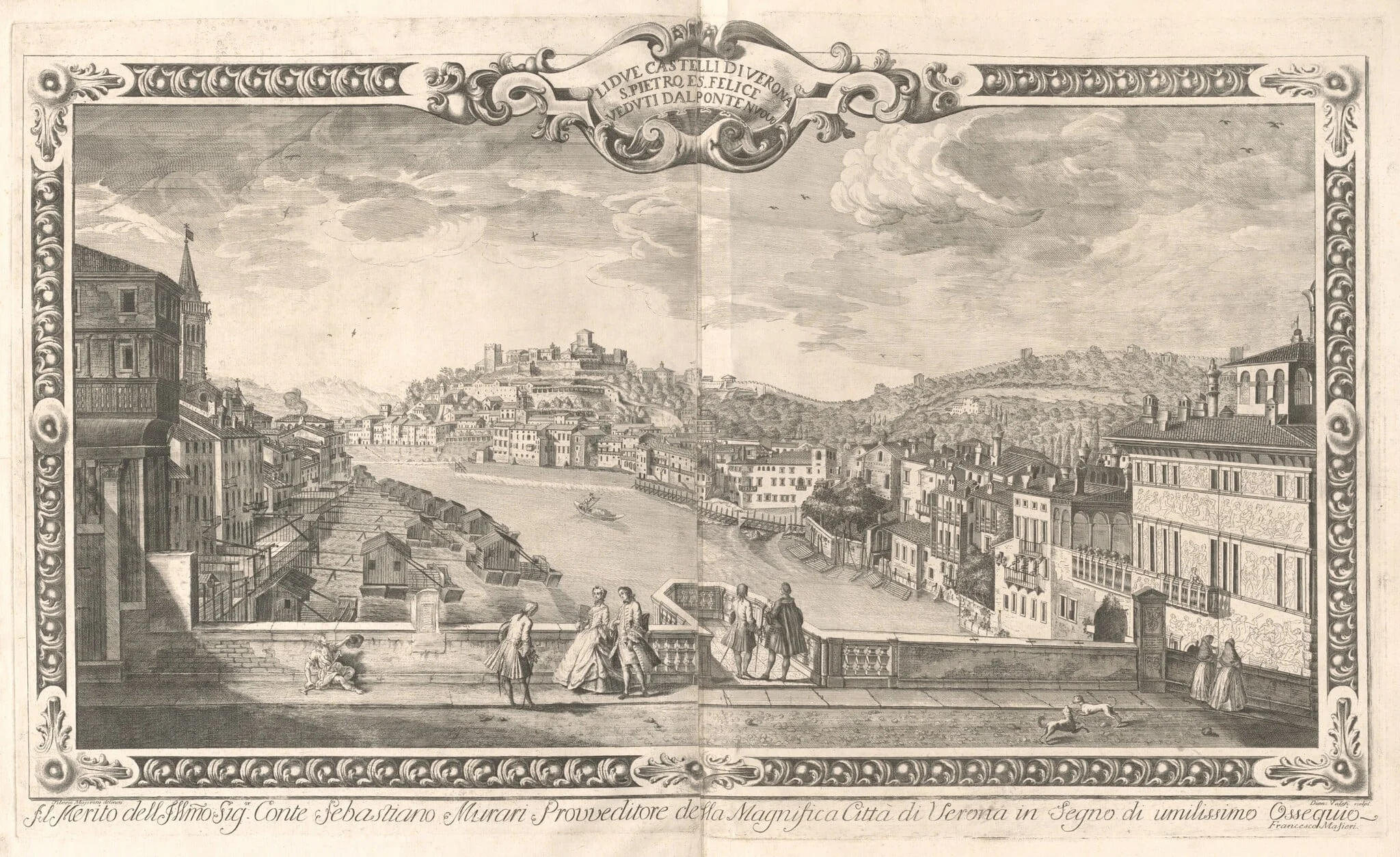 Lidue Castelli di Verona, S. Pietro Felice, Veduti dal Ponte Nuovo, by Dionigi Valesio, ink, 1747
