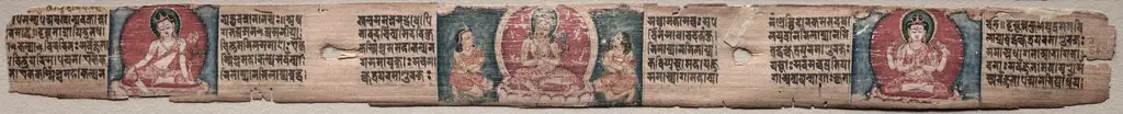 Bodhisattva Manjushri with two forms of Avalokiteshvara, folio 348 (recto) from a Gandavyuha-sutra (Scripture of the Supreme Array)