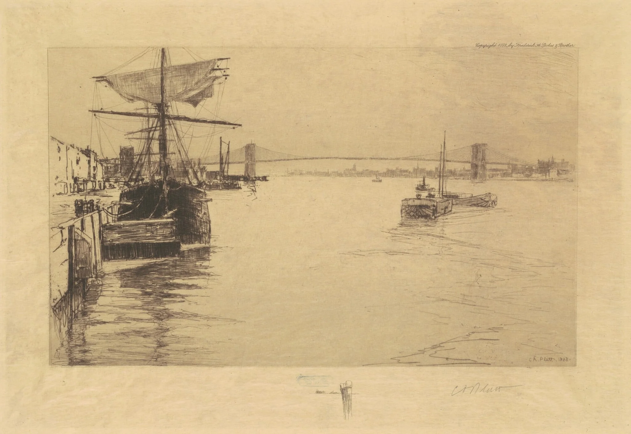 Brooklyn Bridge, by Charles A. Platt, ink, 1888