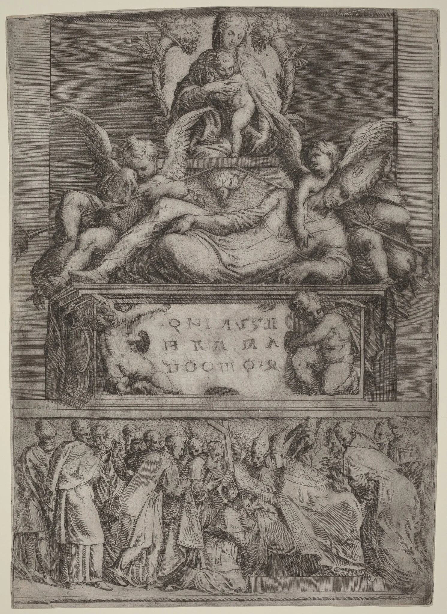 Tomb of a Bishop, by Battista Angolo del Moro, ink, 1544