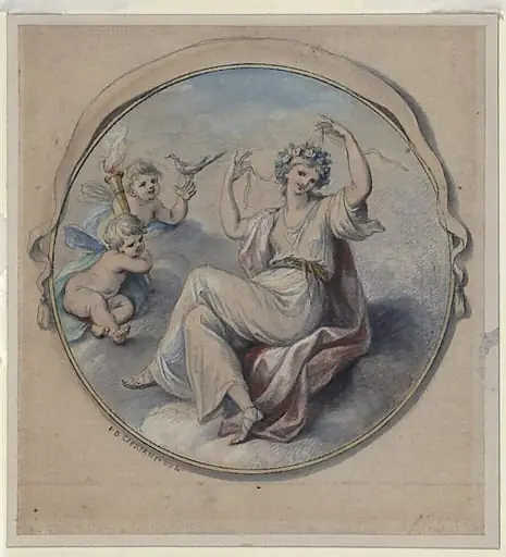 Venus binding her hair with a garland, attended by Cupids
