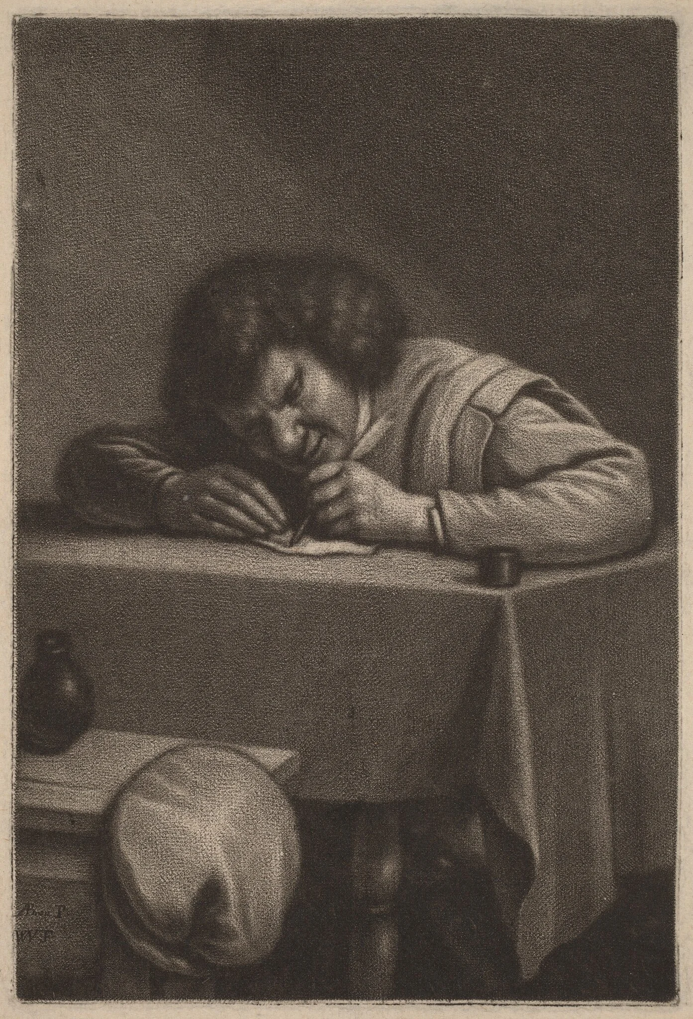 A Man Writing at a Table, by Wallerant Vaillant, ink, 1650