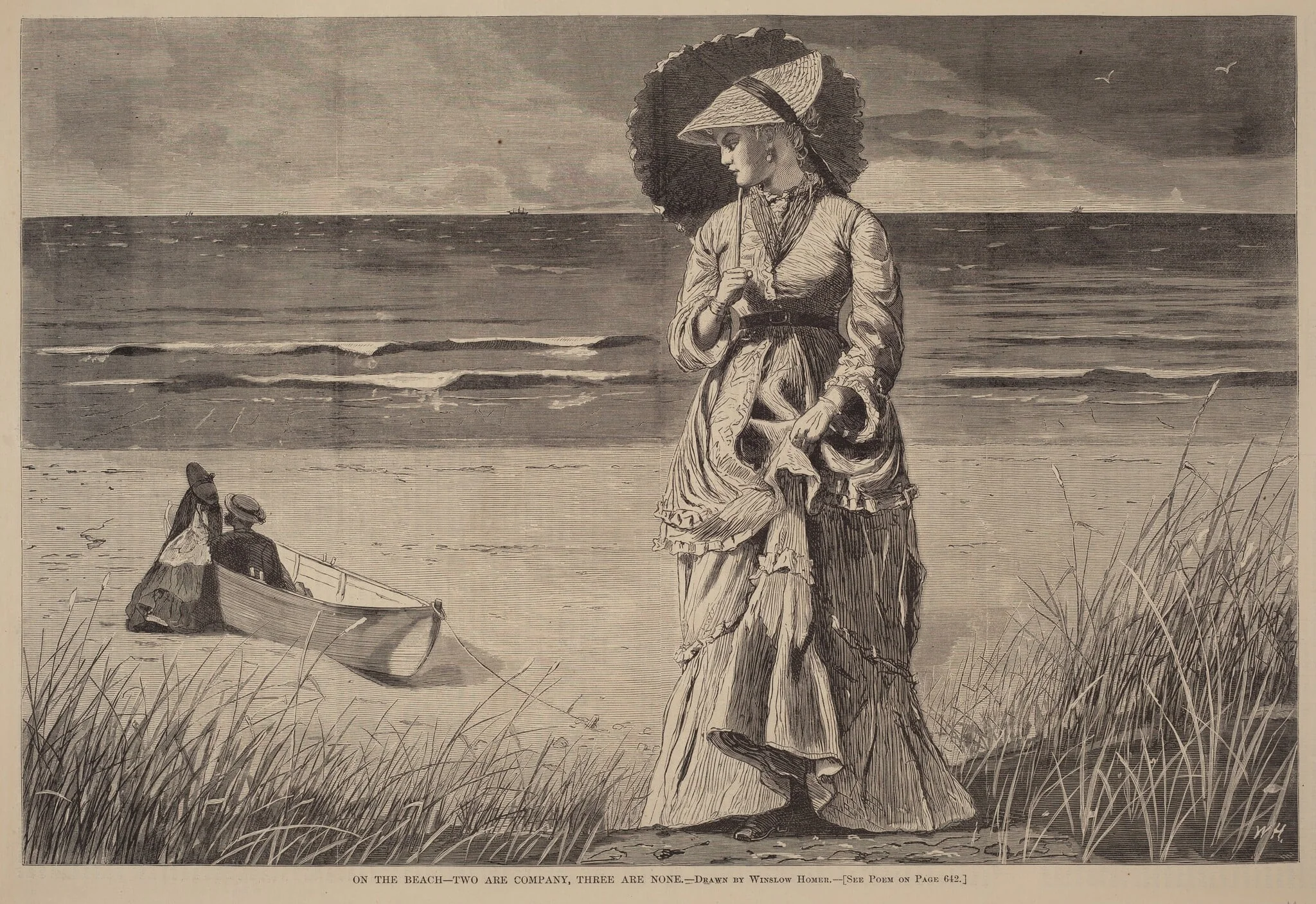 On the Beach - Two are Company, Three are None, by American 19th Century, ink, 1872