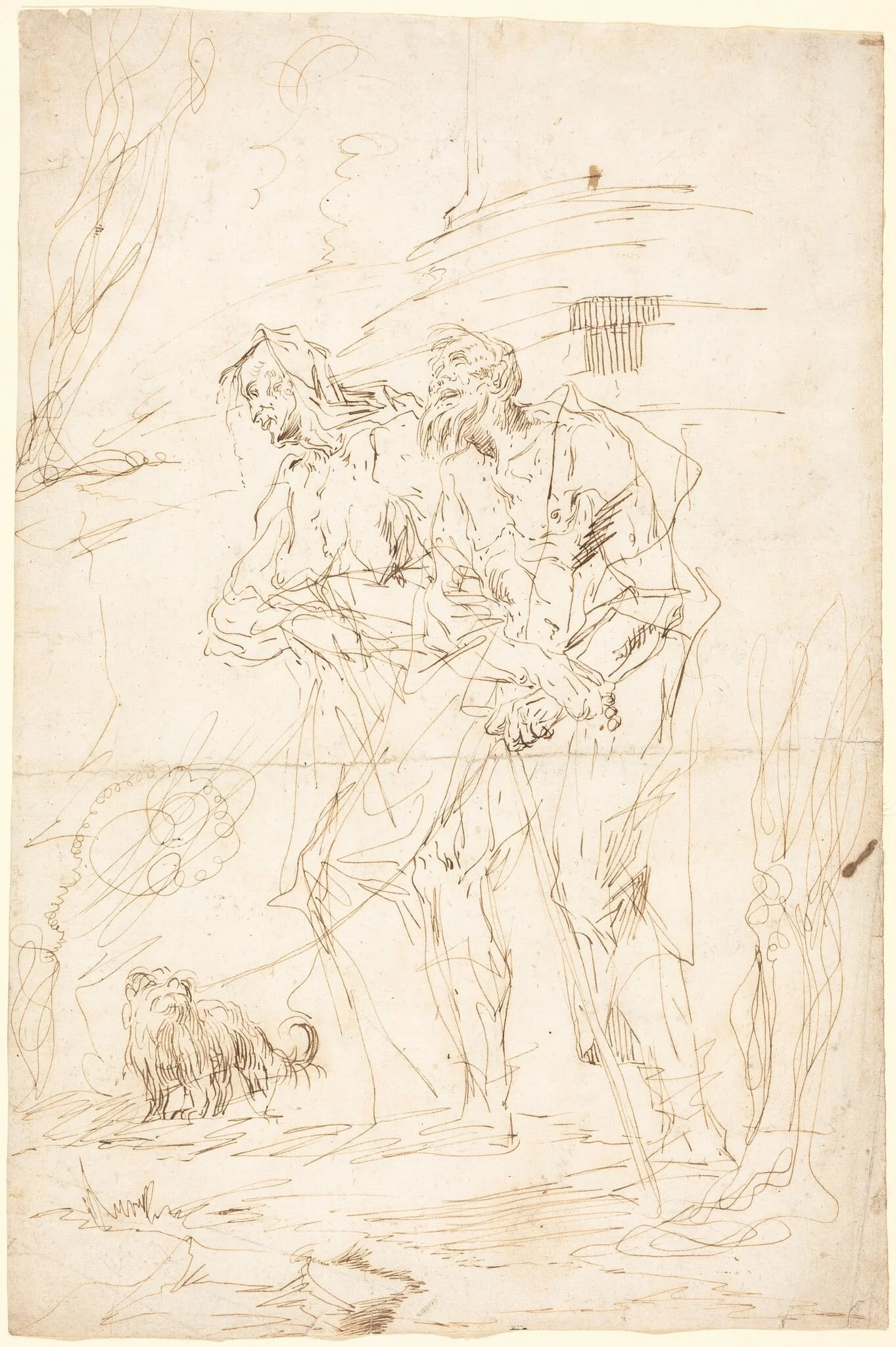 Two Beggars with Their Dog, by Paul Troger, ink, 1728