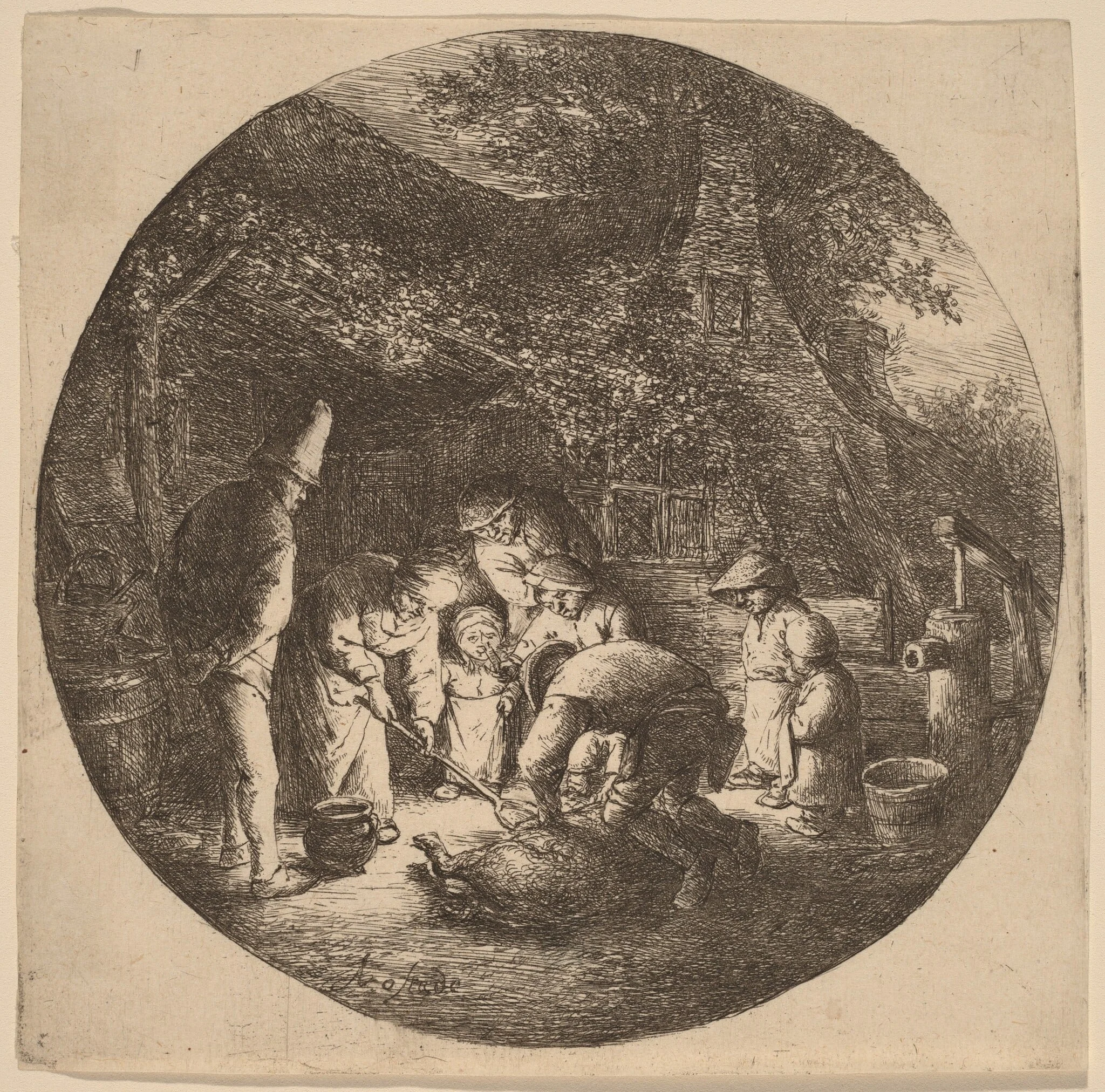 Peasants Outside a Farm Slaughtering a Pig, by Adriaen van Ostade, ink, 1652