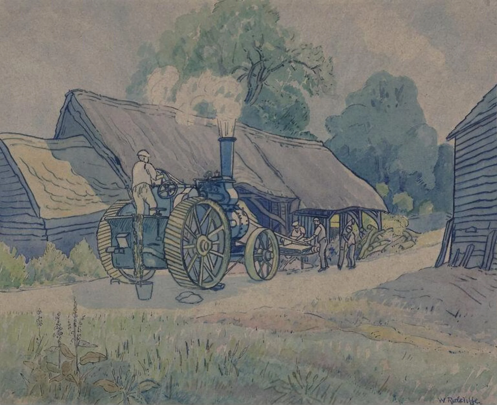Workmen using a mechanical saw
