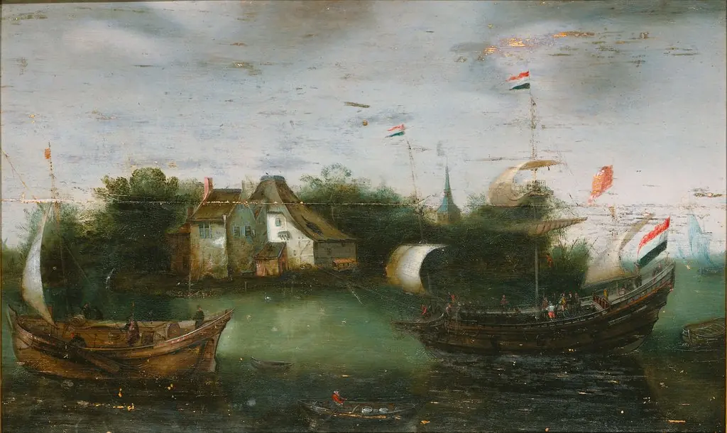 A sea-going vessel sailing into an inland waterway