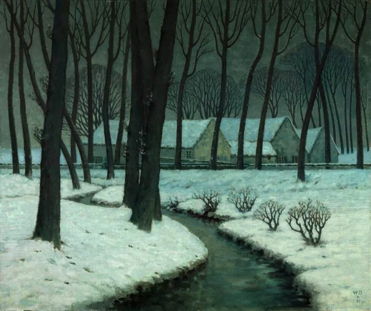 Hamlet in the Snow, by William Degouve de Nuncques, oil, 1911