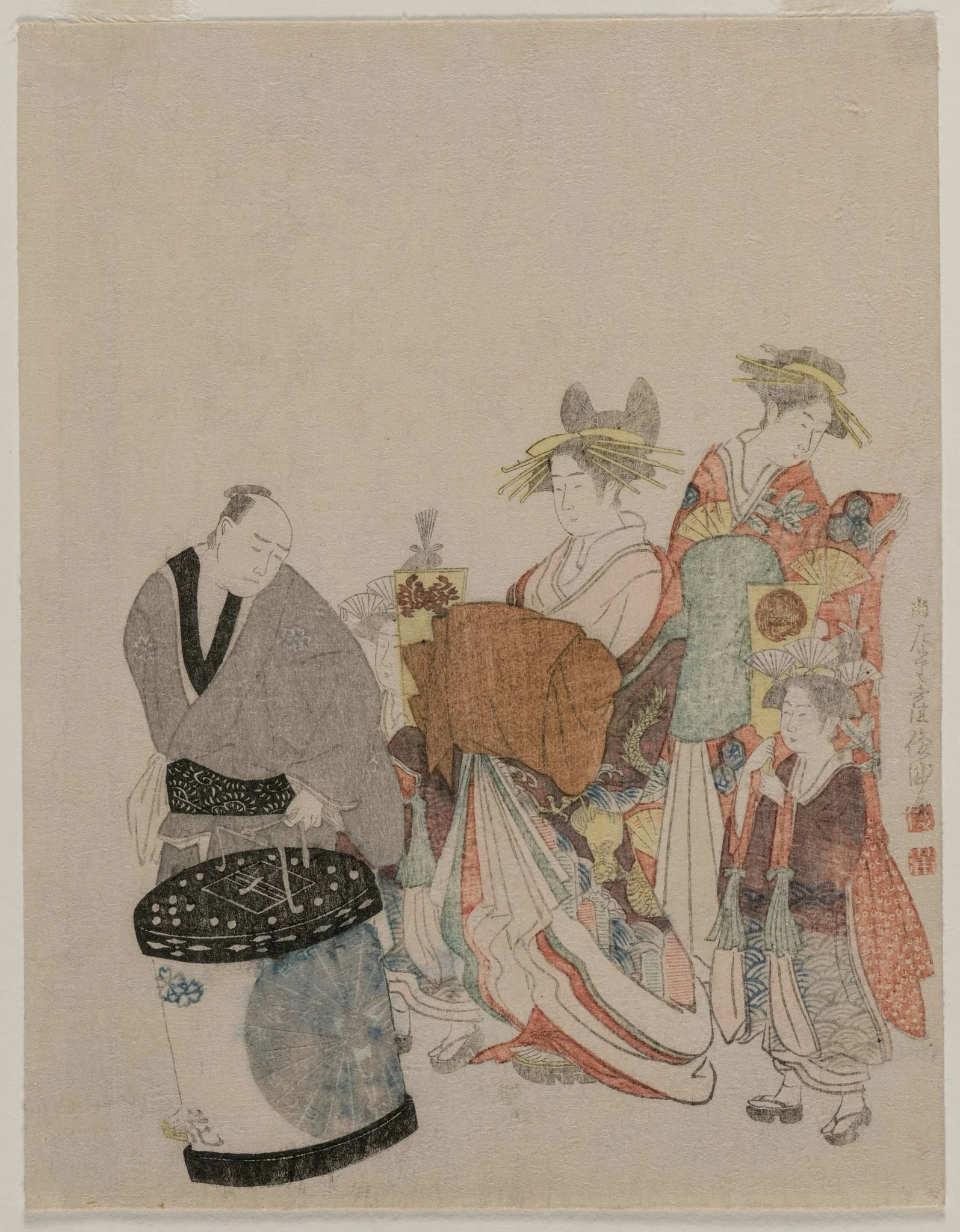 Courtesan on the Town with Attendants at Night, by Kubo Shunman, 1812