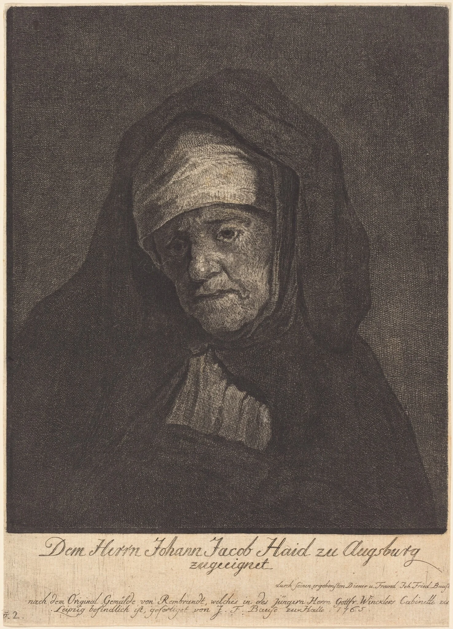 Head of an Aged Woman, by Johann Friedrich Bause, ink, 1765