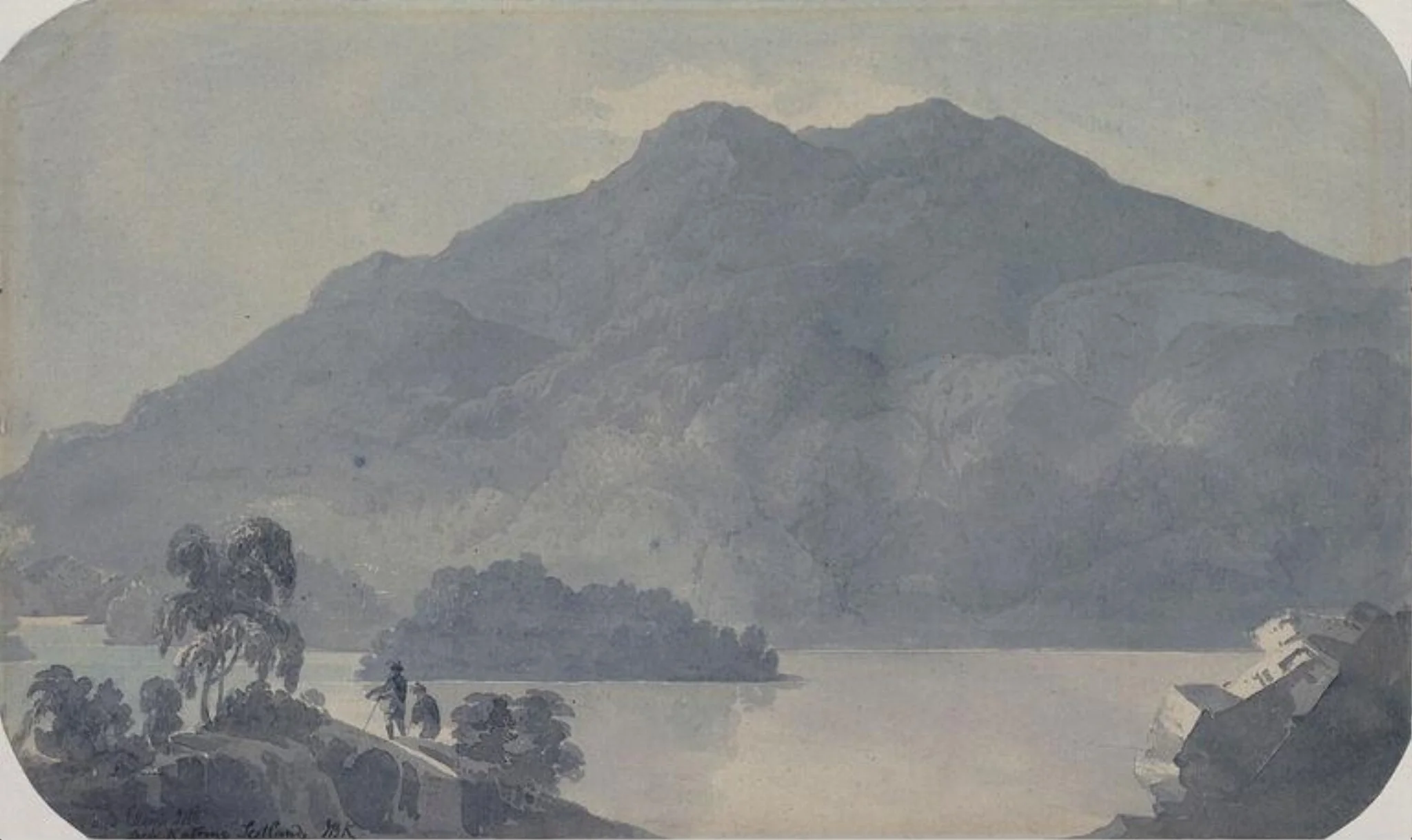 Ellen's Isle, Loch Katrine, Scotland, by Baverstock, watercolor, 1800