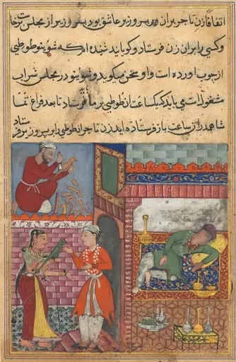 The vizier’s son receives the magic wooden parrot from the wife of the merchant, who is drunk, and has a replica made by a carpenter, from a Tuti-nama (Tales of a Parrot): Tenth Night