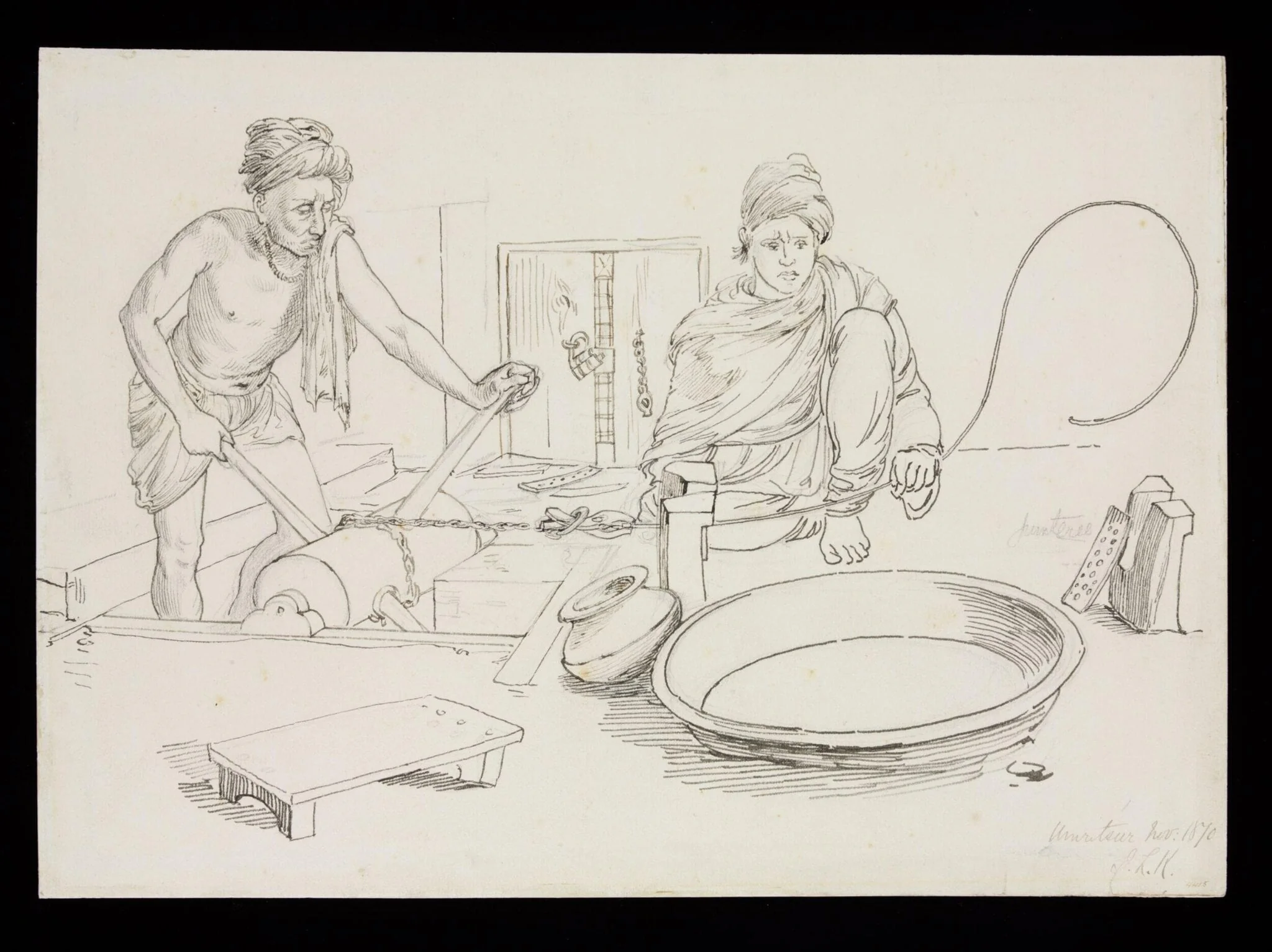 Two men working with machines to produce silver gilt wire