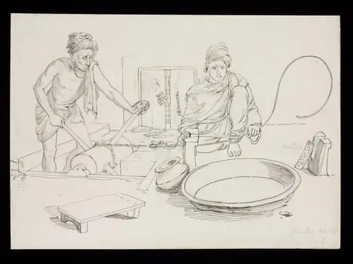 Two men working with machines to produce silver gilt wire