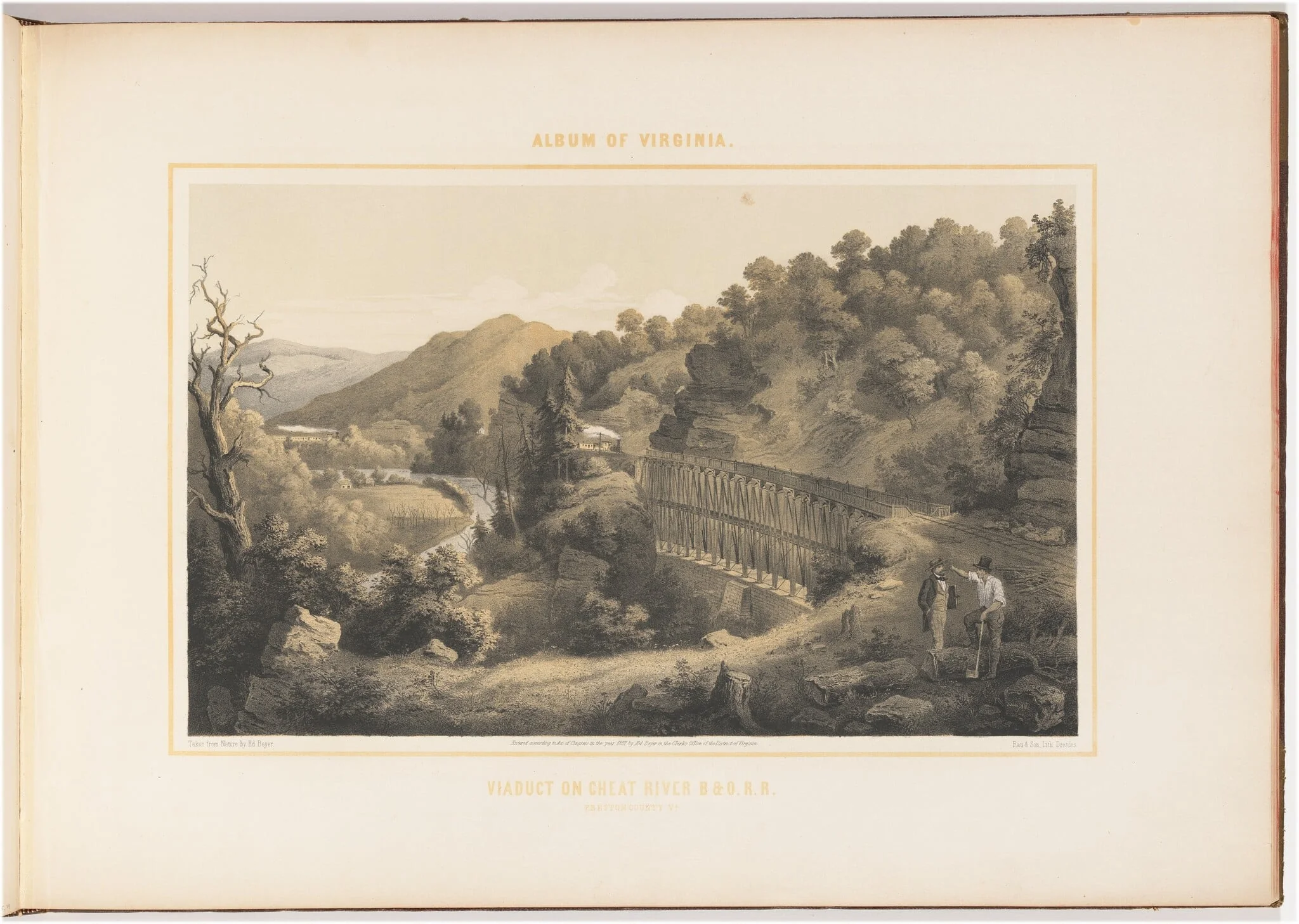 Viaduct on Cheat River, Baltimore & Ohio Railroad, by Woldemar Rau, ink, 1857