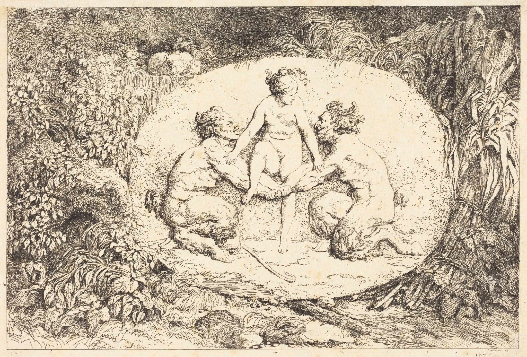 Nymph Supported by Two Satyrs (Nymphe s'asseyant sur les mains de deux satyres), by Jean Honoré Fragonard, ink, 1763