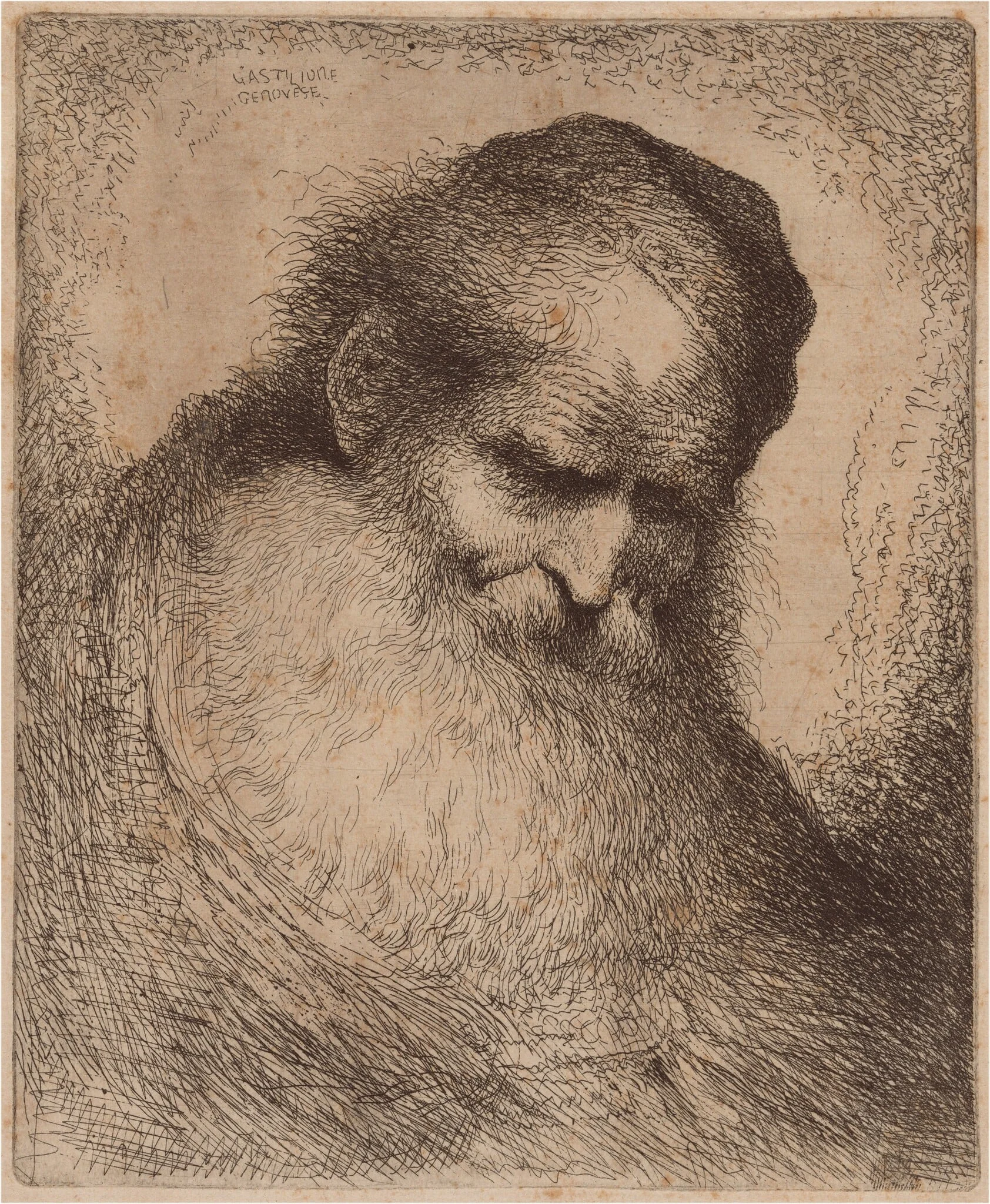 Old Man with a Long Beard and Skullcap, Leaning Forward, by Giovanni Benedetto Castiglione, ink, 1646
