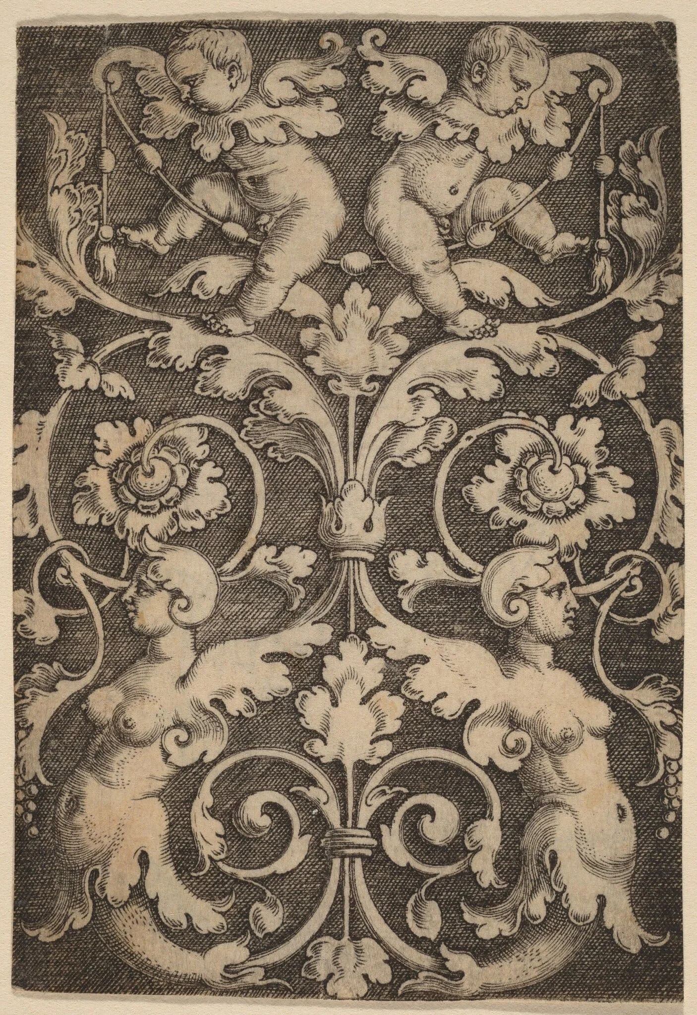 Upright Ornament with Two Sirens, by Master of the Horse Heads, ink, 1506
