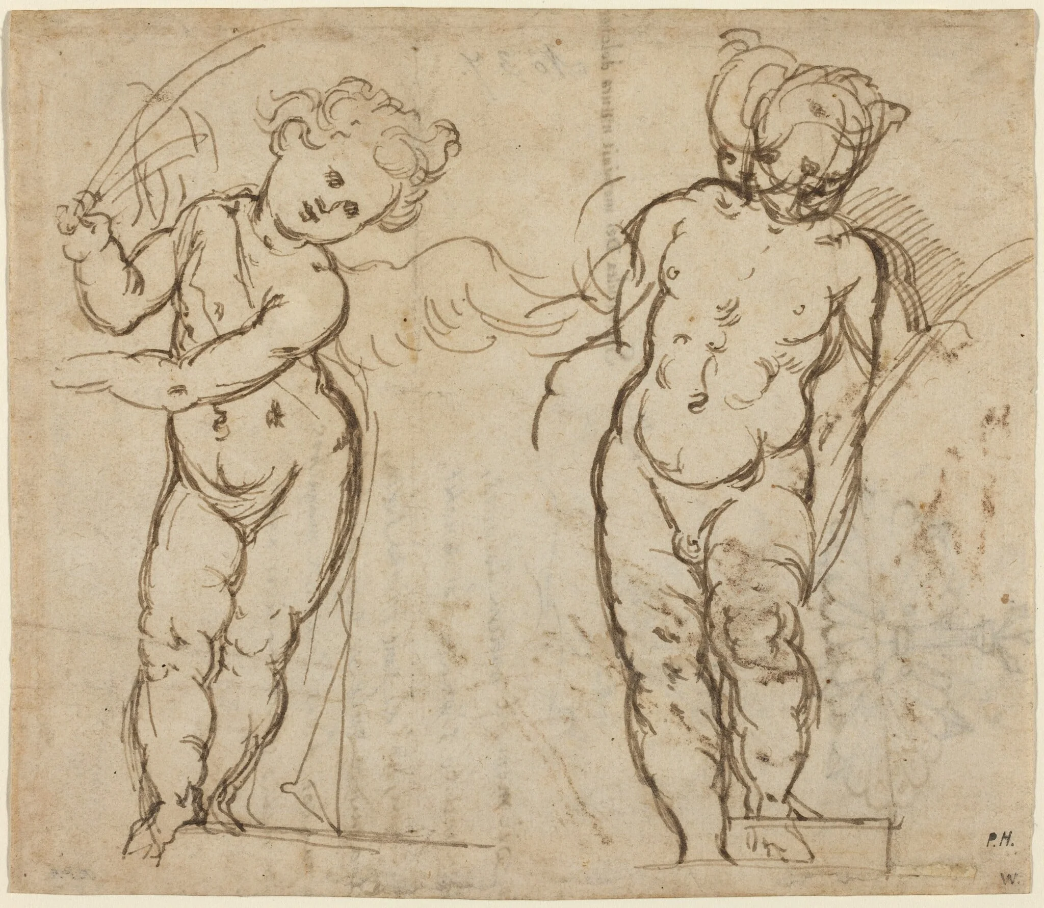 Two Standing Putti [recto], by Italian 17th Century, ink, 1650