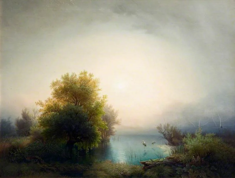 Lake Scene with Herons, by Friedrich Thurau, oil, 1860