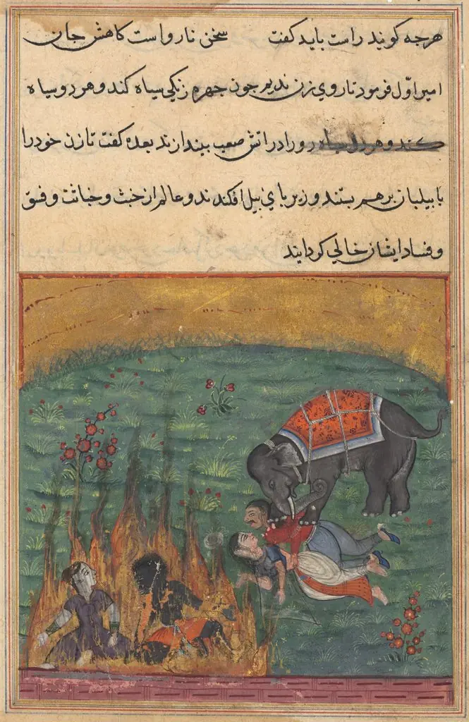 As punishment, the jester’s wife and the Zangi are thrown into fire and the emir’s wife and the mahout are trampled by an elephant, from a Tuti-nama (Tales of a Parrot), Twenty-second Night