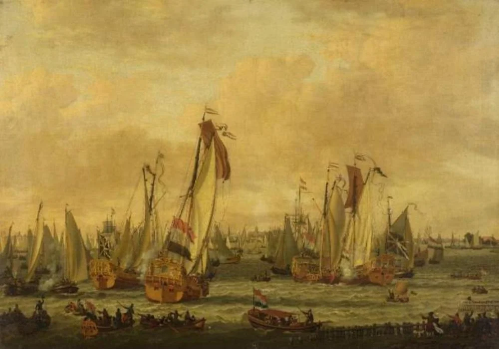 A marine sham-fight on the Y before Amsterdam, by Abraham Storck, oil, 1692