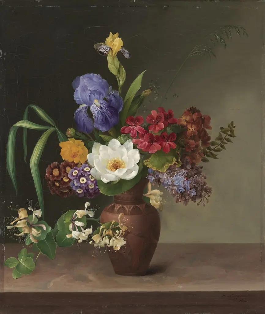 Vase i græsk stil med iris, syren og kaprifolium