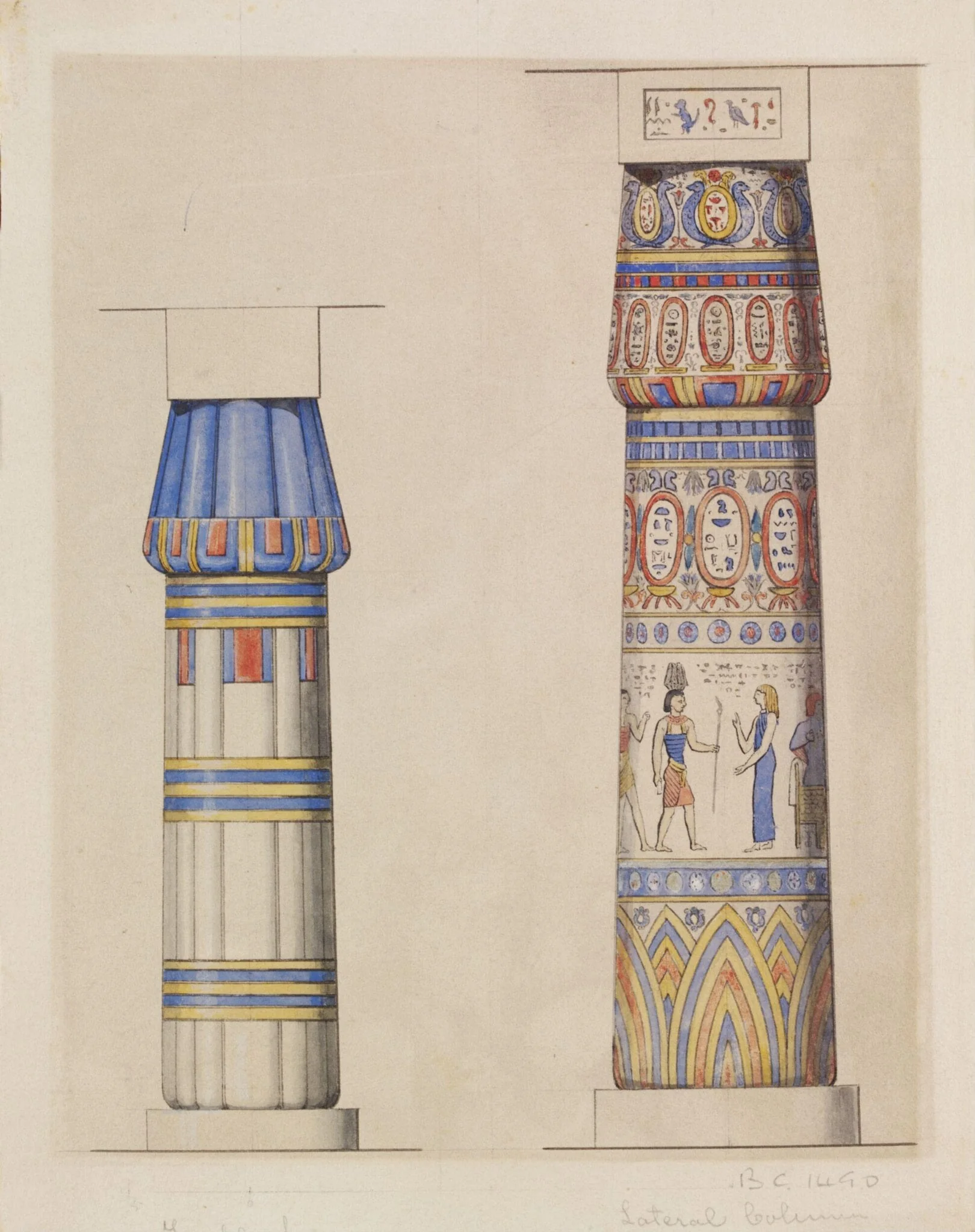 Temple of Luqsor  B.C.1490  Lateral Column Temple of Karnak  B.C.1490, by Owen Jones, watercolor, 1853