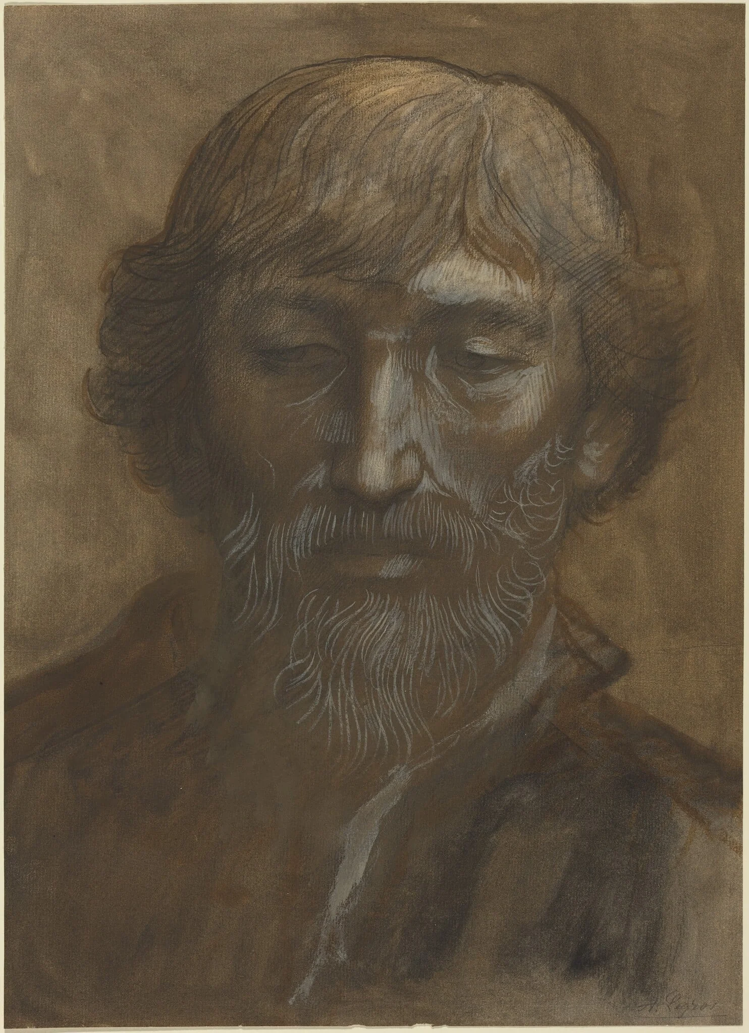 Head of a Man, Full Face, by Alphonse Legros, chalk, 1874