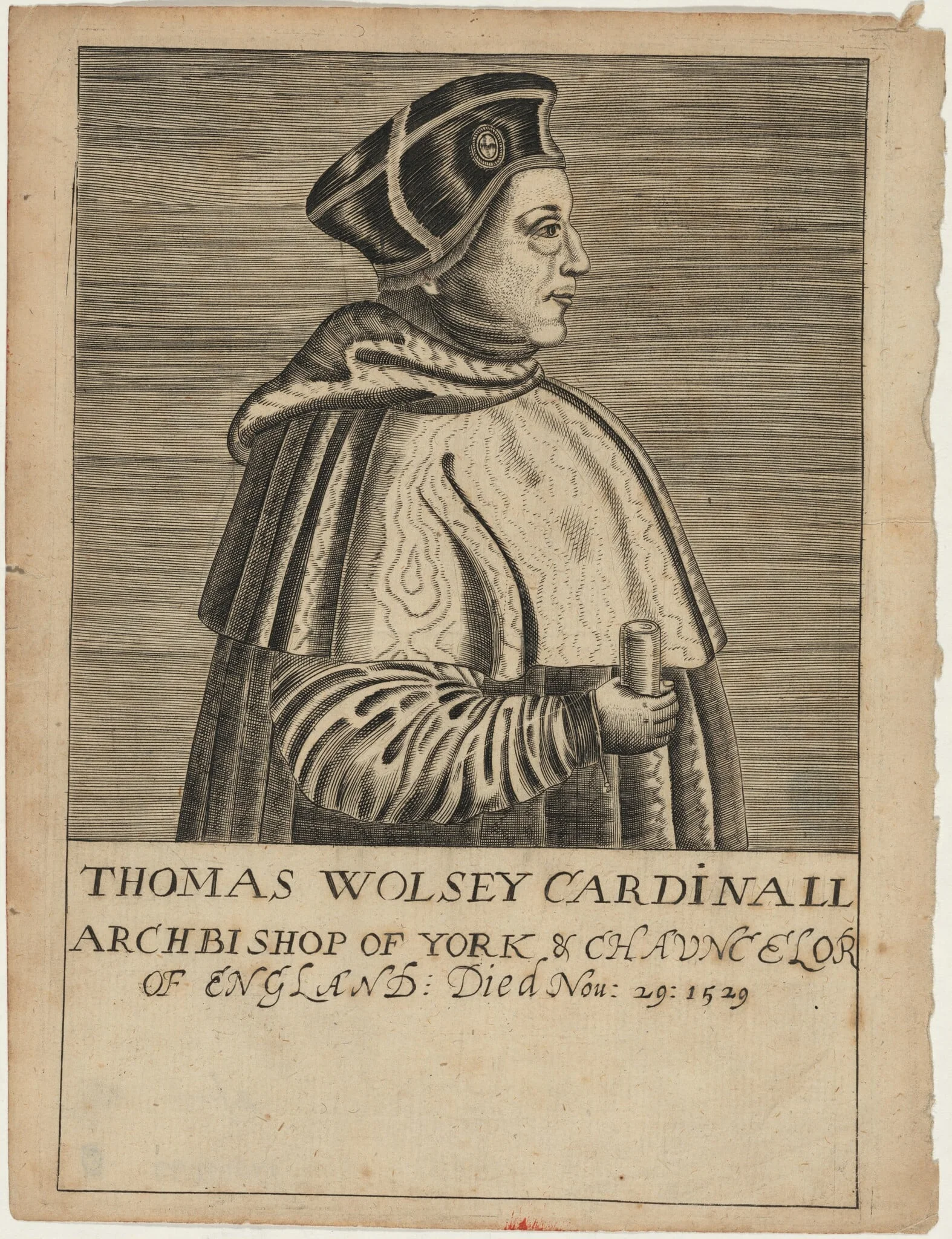 Thomas Wolsey, Cardinal, by Renold Elstrack, ink, 1598