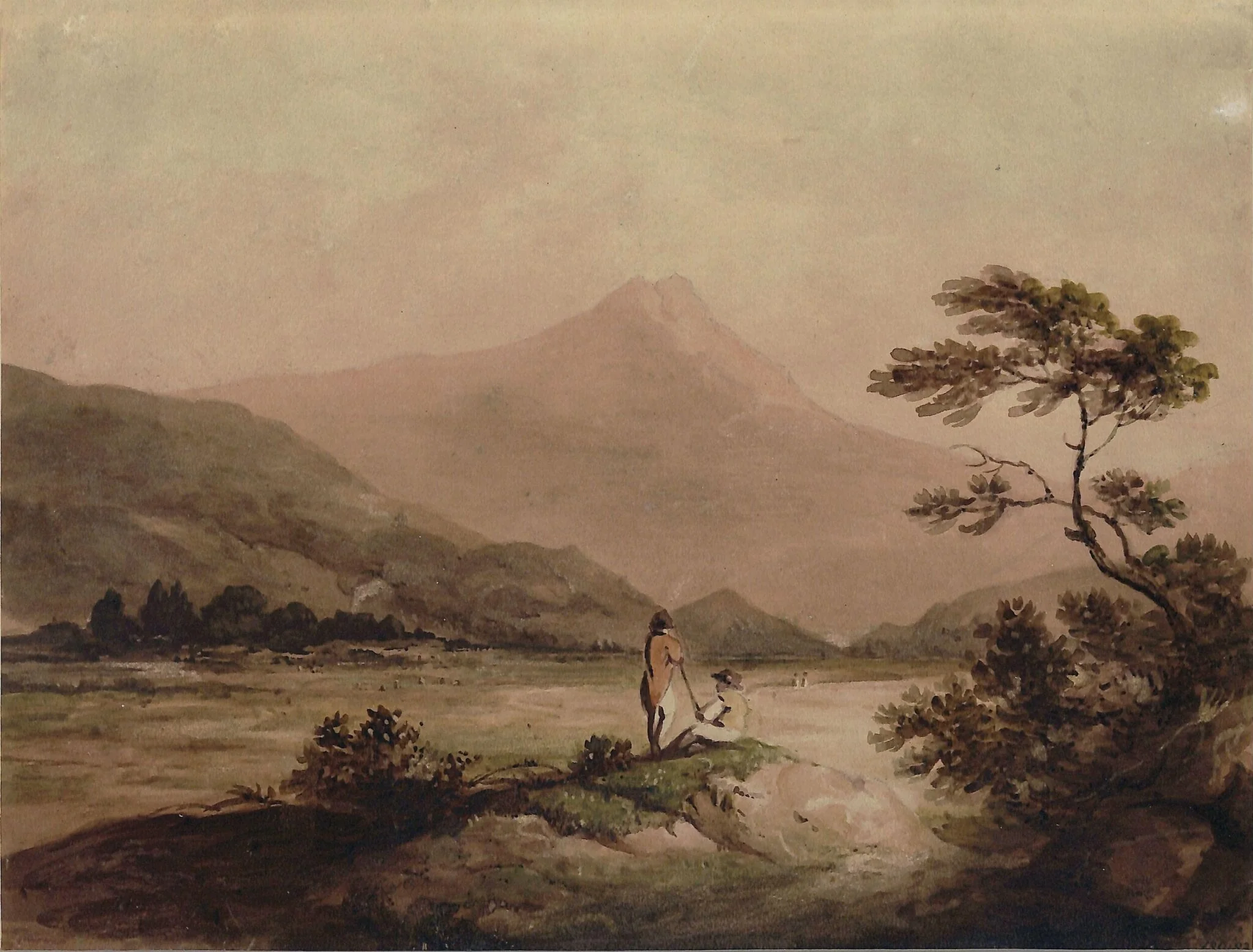Landscape view of a valley with figures and mountains