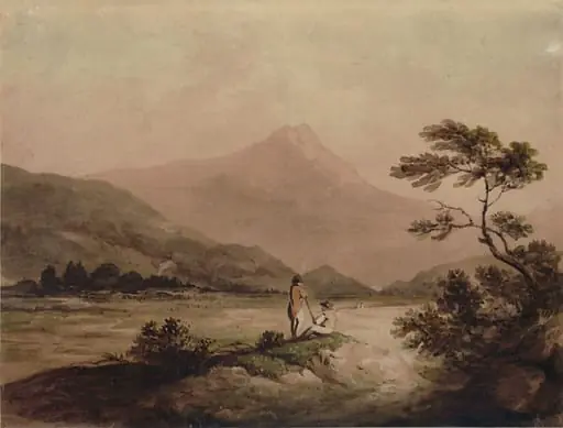 Landscape view of a valley with figures and mountains