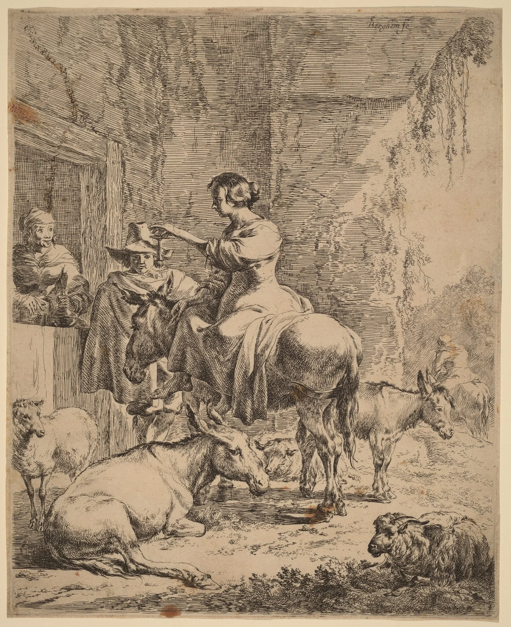 The Rest before the Inn, by Nicolaes Pieterszoon Berchem, ink, 1652
