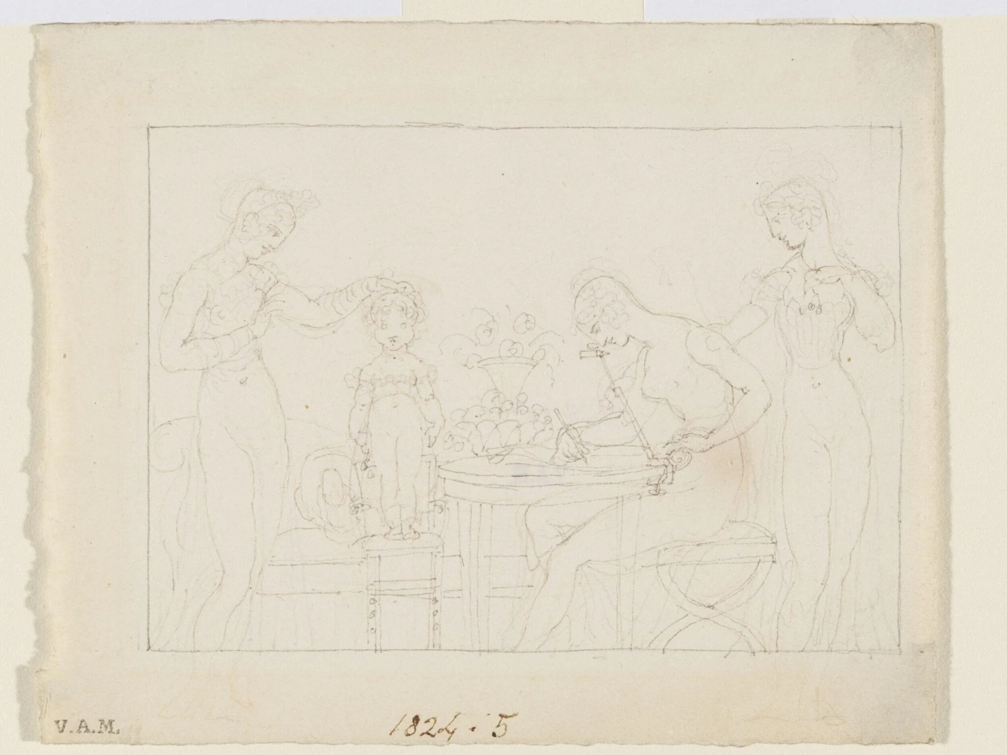 A woman sketching a child with the aid of a camera lucida