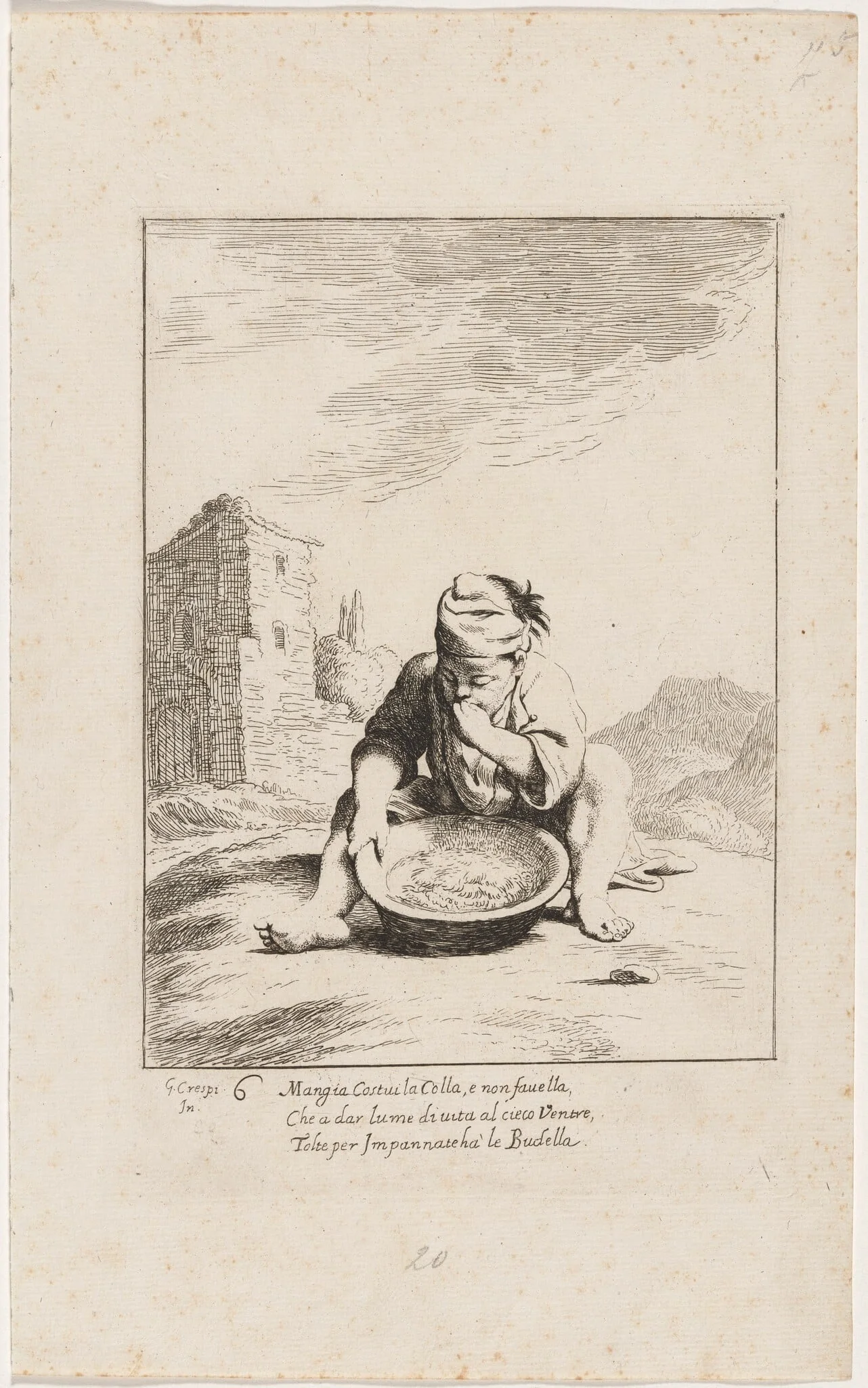 Cacasenno Eating Pasta, by Giuseppe Maria Crespi, ink, 1712