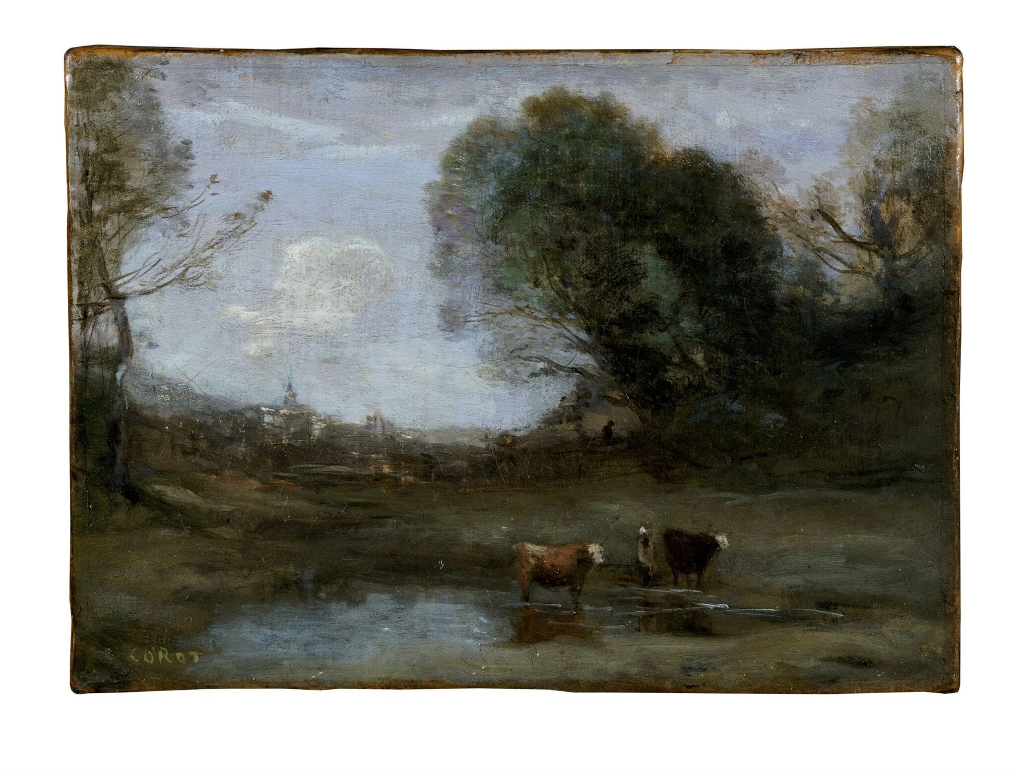 Morning: Landscape with Two Cows and a Figure, by Camille Corot, oil, 1858
