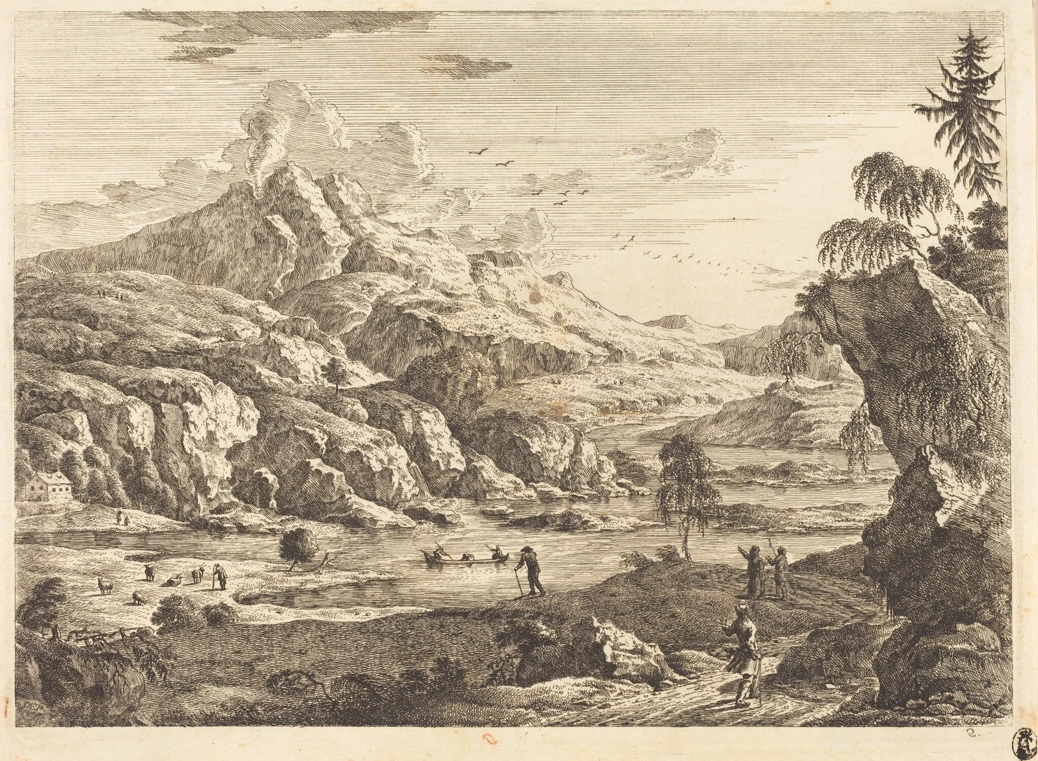 Mountainous Riverscape with Figures, by Georg Eisenmann, ink, 1772
