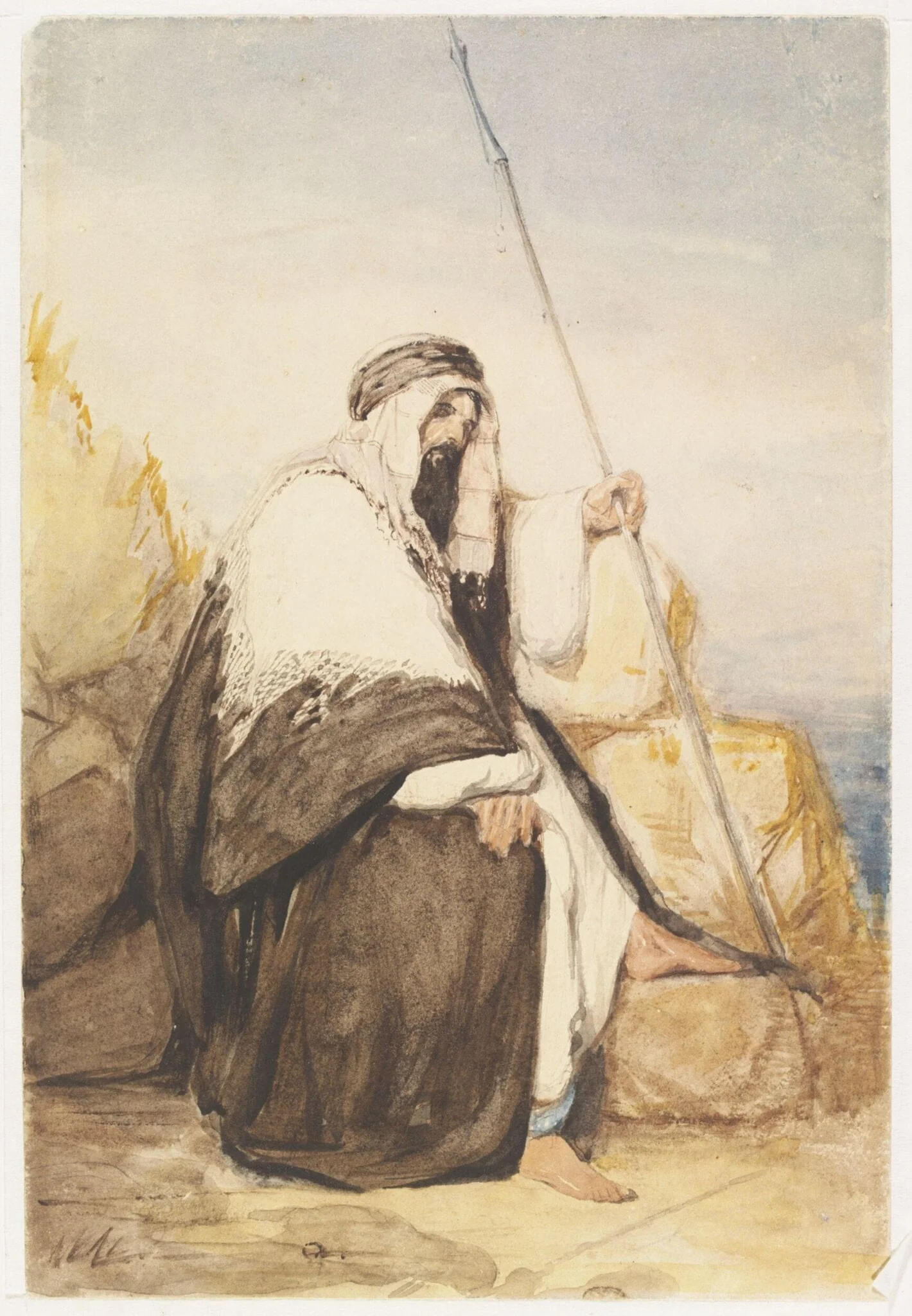 Figure of a Man in Arab dress, seated, holding a spear