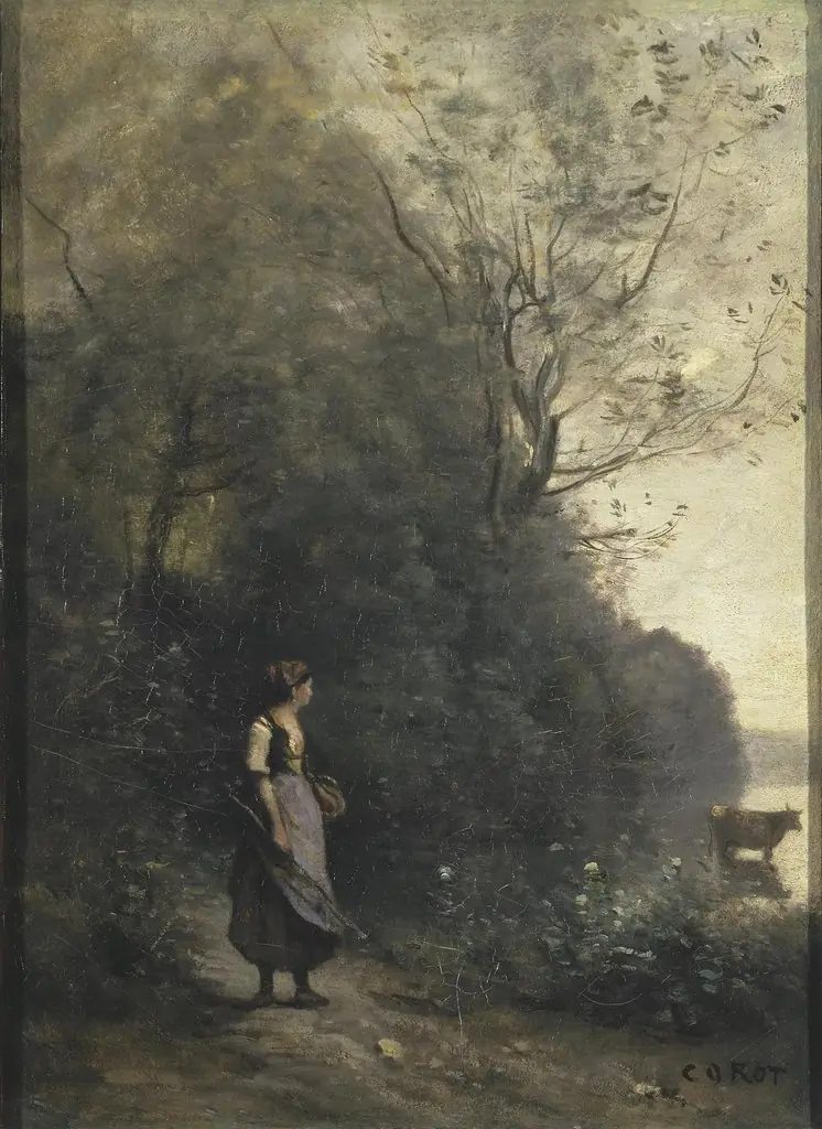 Peasant Girl Grazing a Cow at the a Forest