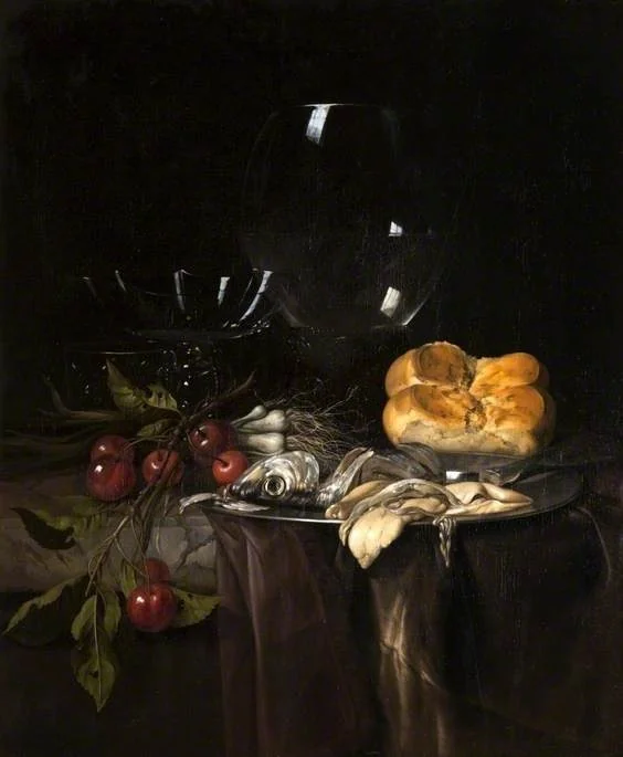 Still Life: Herring, Cherries and Glassware