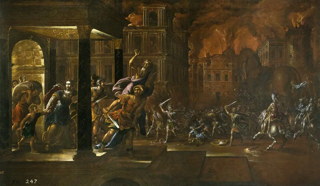 Aeneas flees the burning Troy with his family
