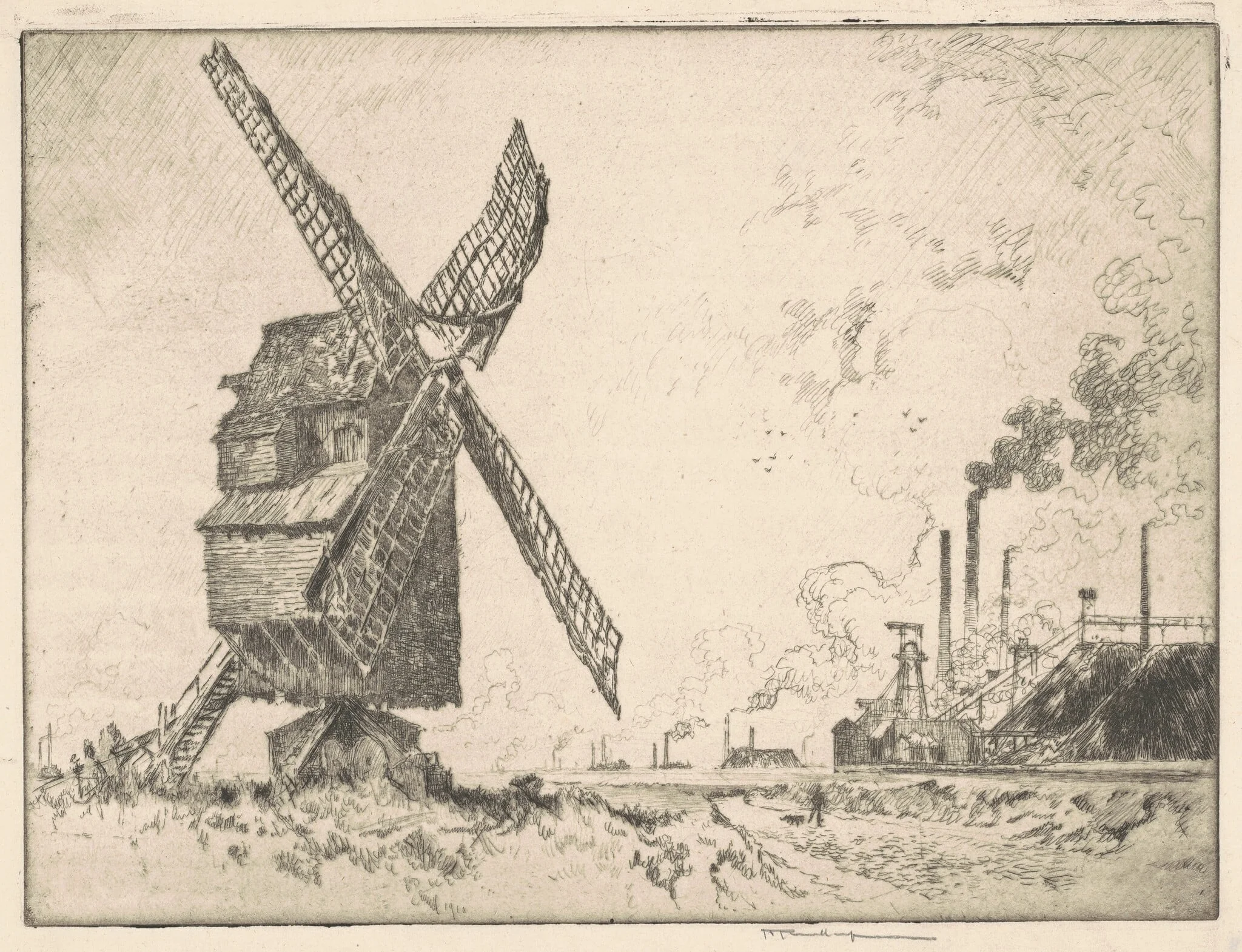 Old and New Mills, Valenciennes, by Joseph Pennell, ink, 1910