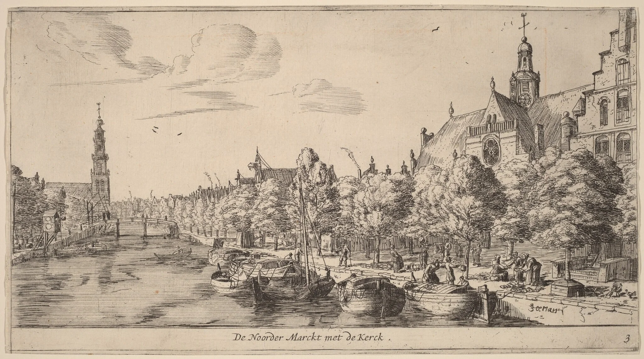 Noordenmarkt with the Noorden Kerk (De Noorder Marckt met de Kerck), by Nooms, called Zeeman, Reinier, ink, 1645