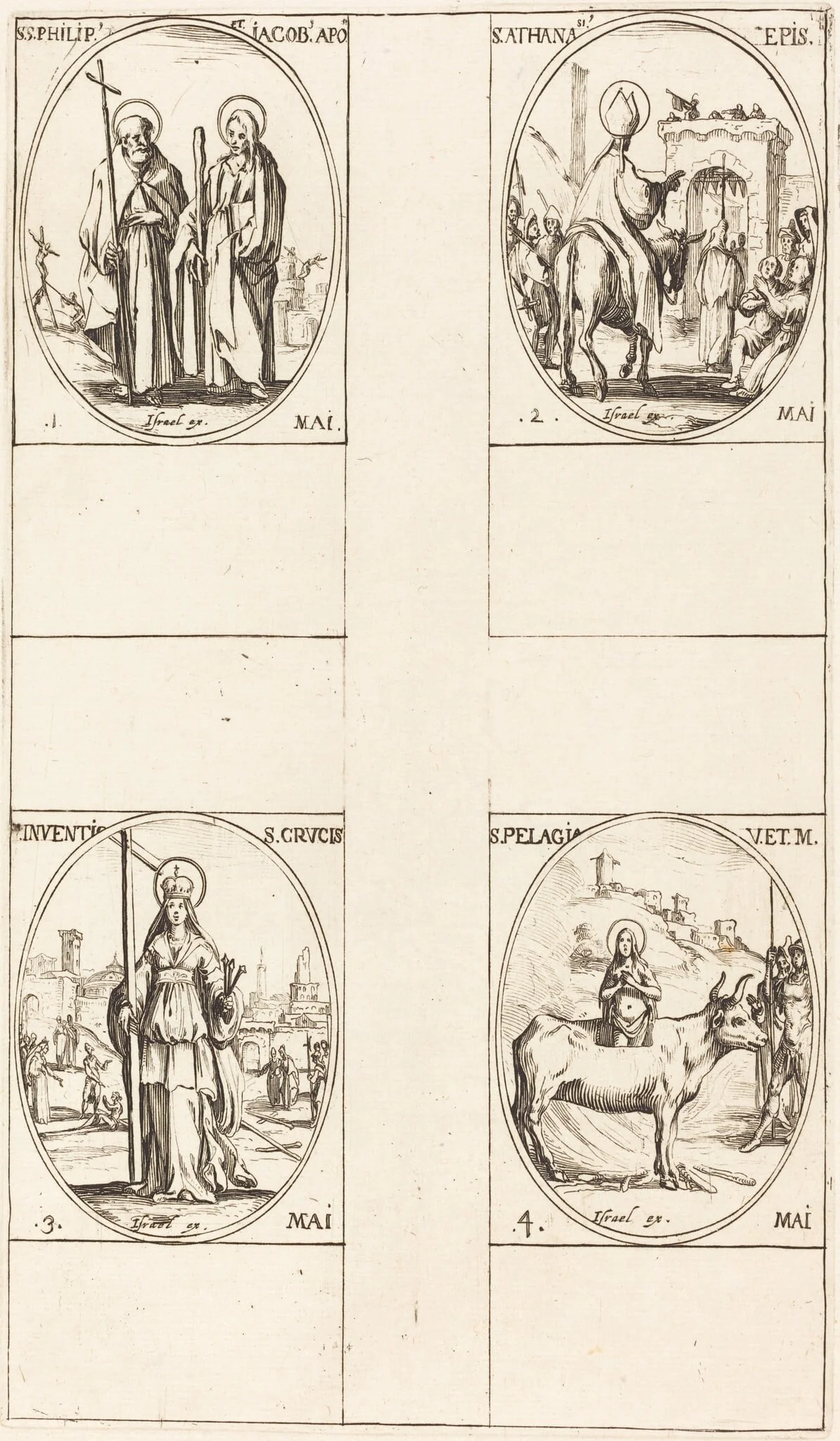 St. Philip and James the Less, Apostles; St. Anthanasius; The Invention of the Cross; St. Pelagia, by Jacques Callot, ink, 1634