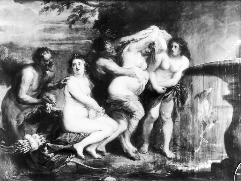 Diana and two nymphs surprised by satyrs while bathing