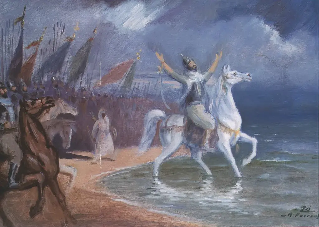 'Oqba ben Nafi' infront of the Atlantic