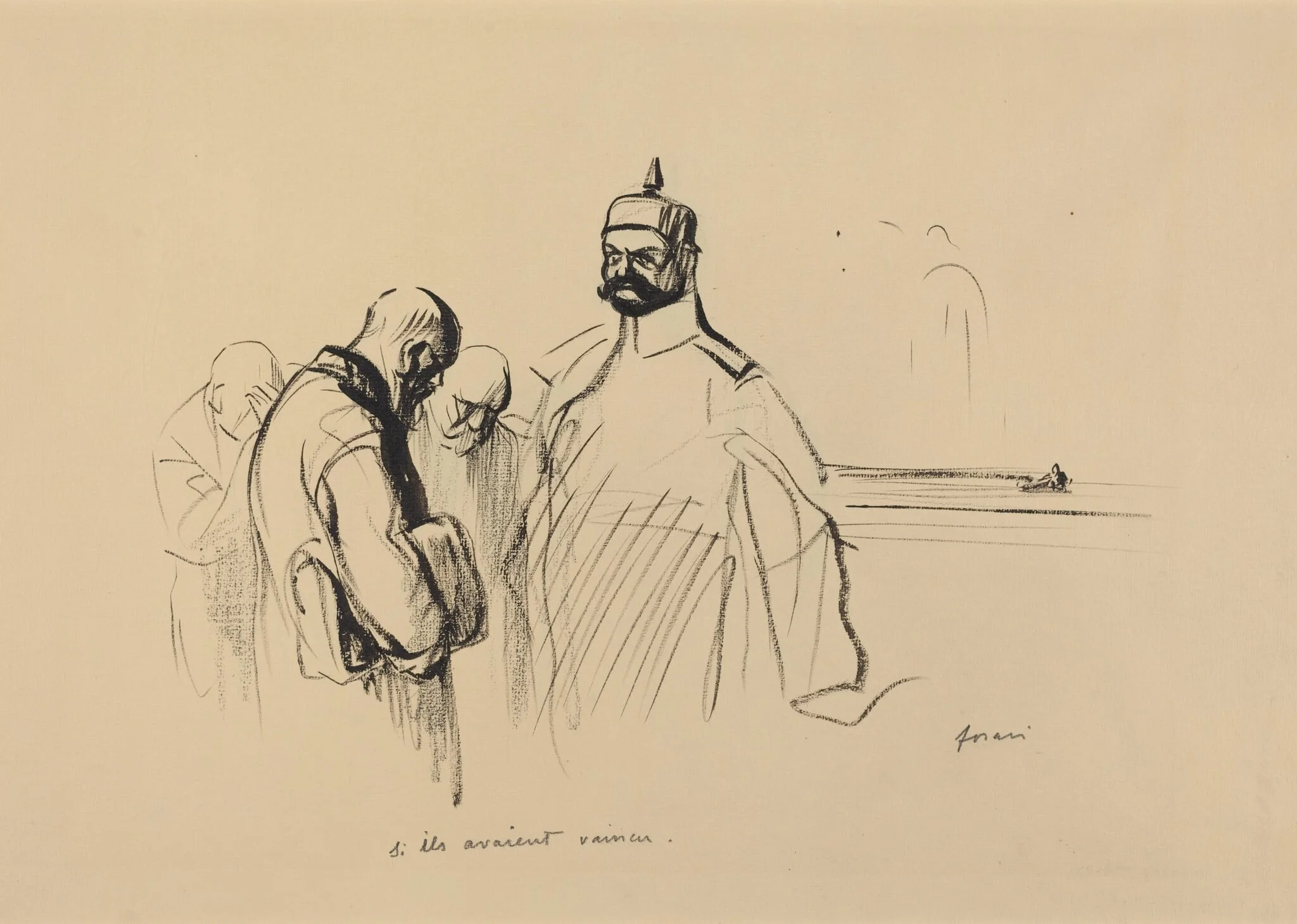 a) Si ils avaient vaincu (recto); b) Sketch of Si ils avaient vaincu (verso), by Jean-Louis Forain, ink, 1919